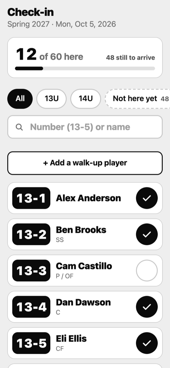 Check-in list with round tick buttons and a counter.